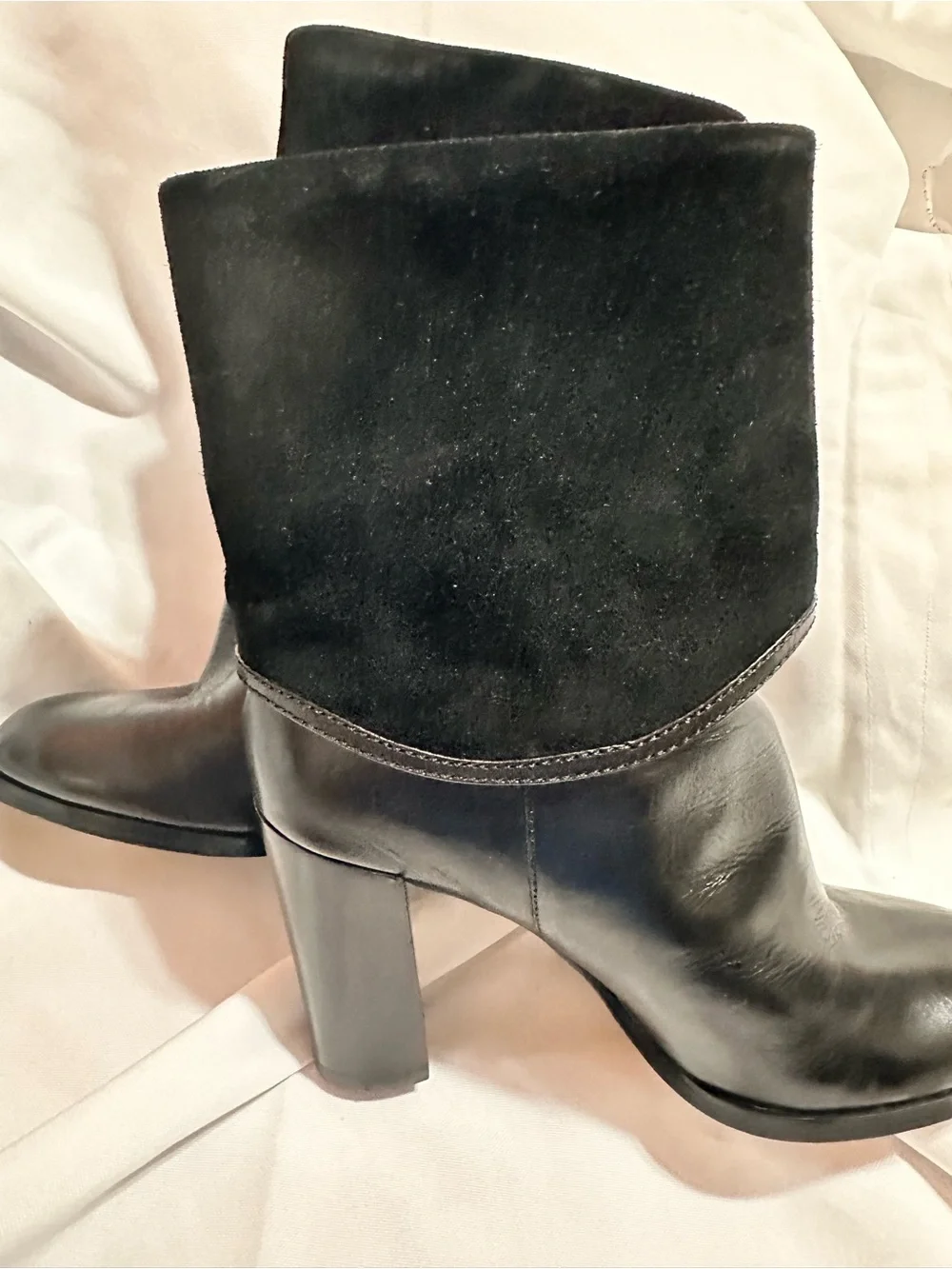 Michael Kors Black Leather & Suede Block Heel Ankle Boots with white MK Accent